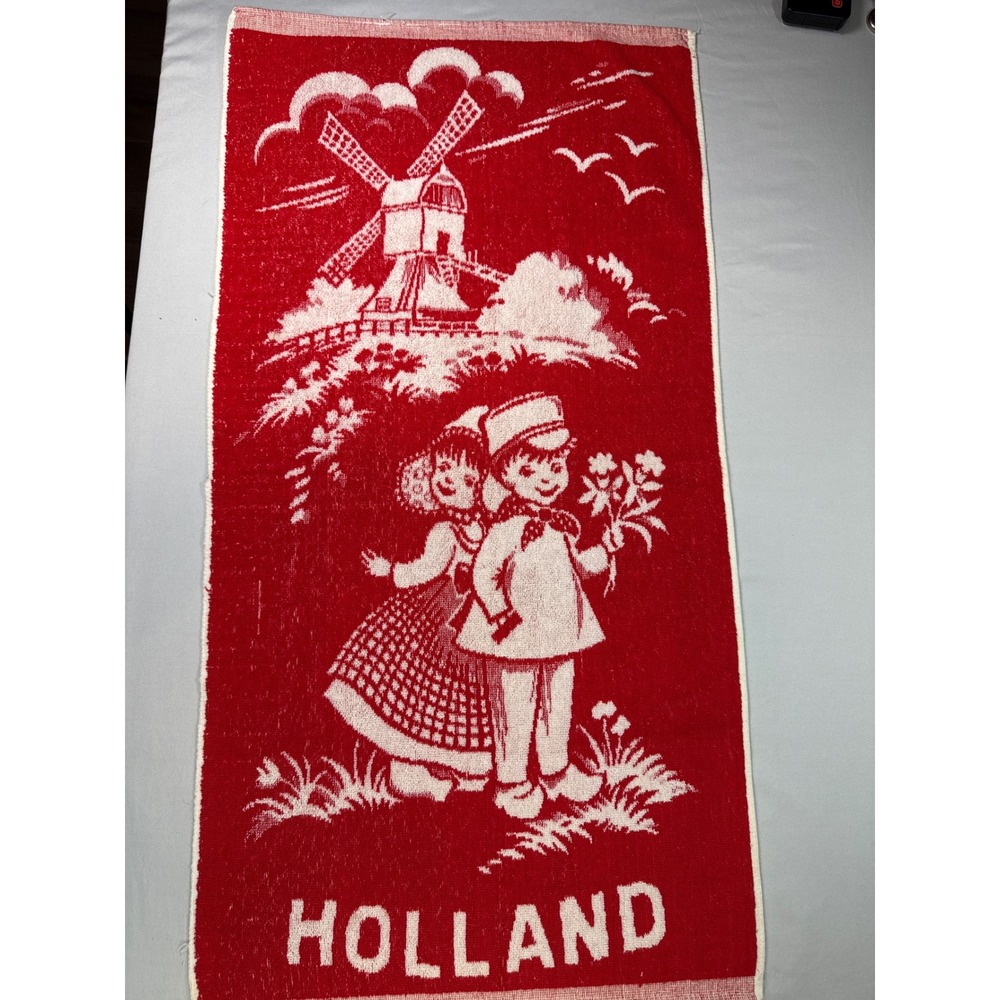 Vintage Wevo Lux Holland Souvenir Tea Towel Red White Dutch Boy Girl Windmill